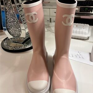 CHANEL Light Pink and White Rain Boots